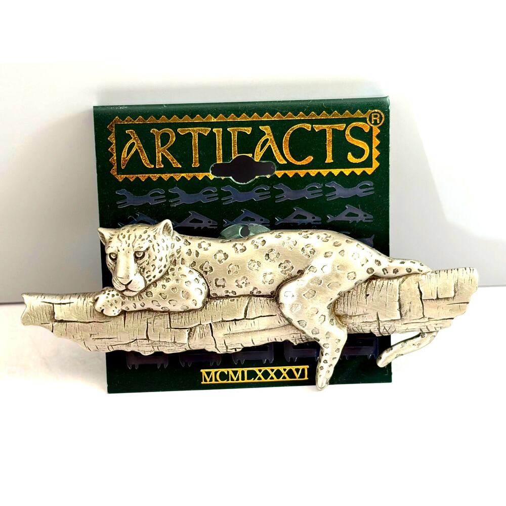 JJ Artifacts 1988 Pewter Leopard on Branch Brooch Pin Vintage - 4-inch Length
